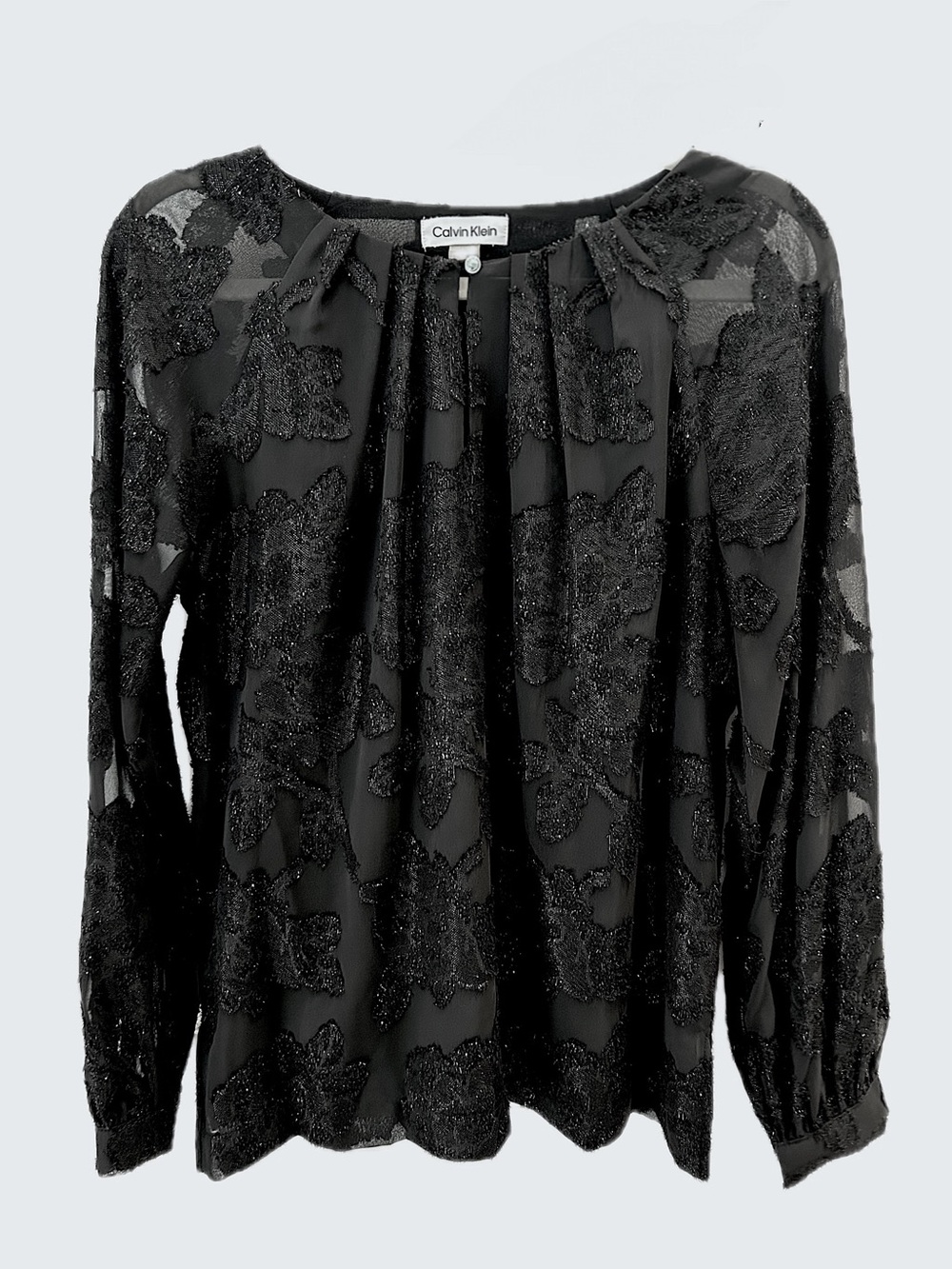 Calvin Klein Black Sheer Floral Blouse Silver Button Top Sz Medium $100 Retail